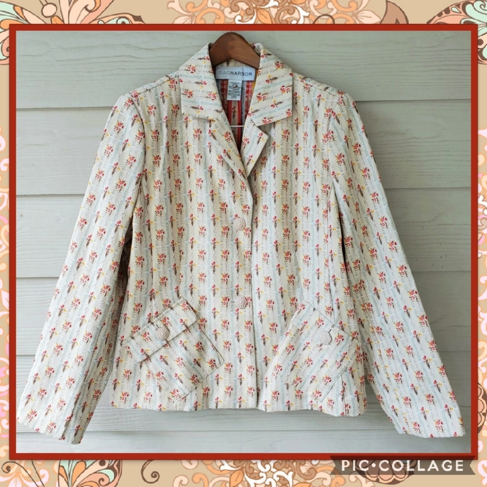 Sag Harbor Vintage-style Ditsy Floral Cottagecore Granny Chic Brocade Blazer - Picture 5 of 16